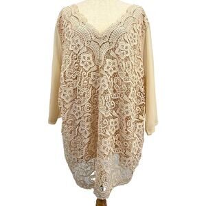 Fair Lady Crochet Lace Top Women's 22 Beige Sheer Sleeves Tunic Bohemian Romance